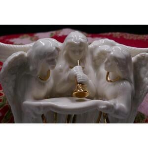 1980'S Mikasa Fine Porcelain Angel Trio Candle Holder w/ Gold Trim -- FLAWLESS